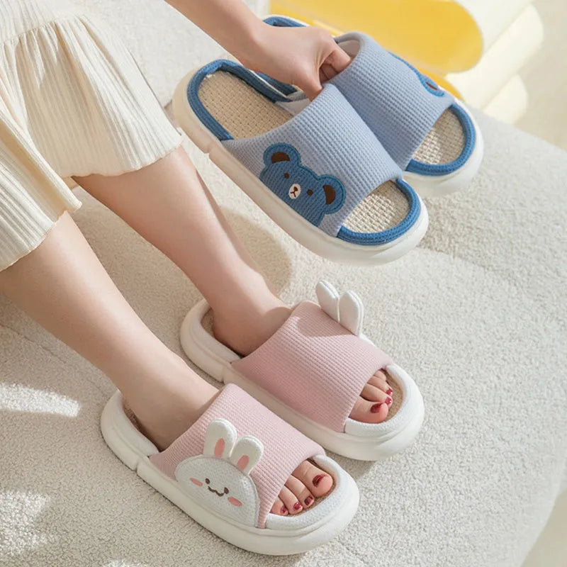 Cute rabbit slippers flip-flops for women and couples with stereoscopic rabbit design, fabric upper, PVC sole, in pink colour