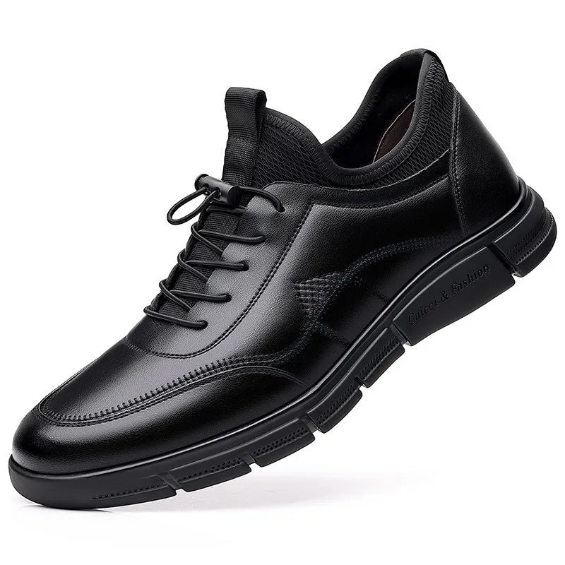 Black men's casual leather shoes with a round toe, square low heel, and a stitched leather upper on a rubber sole.