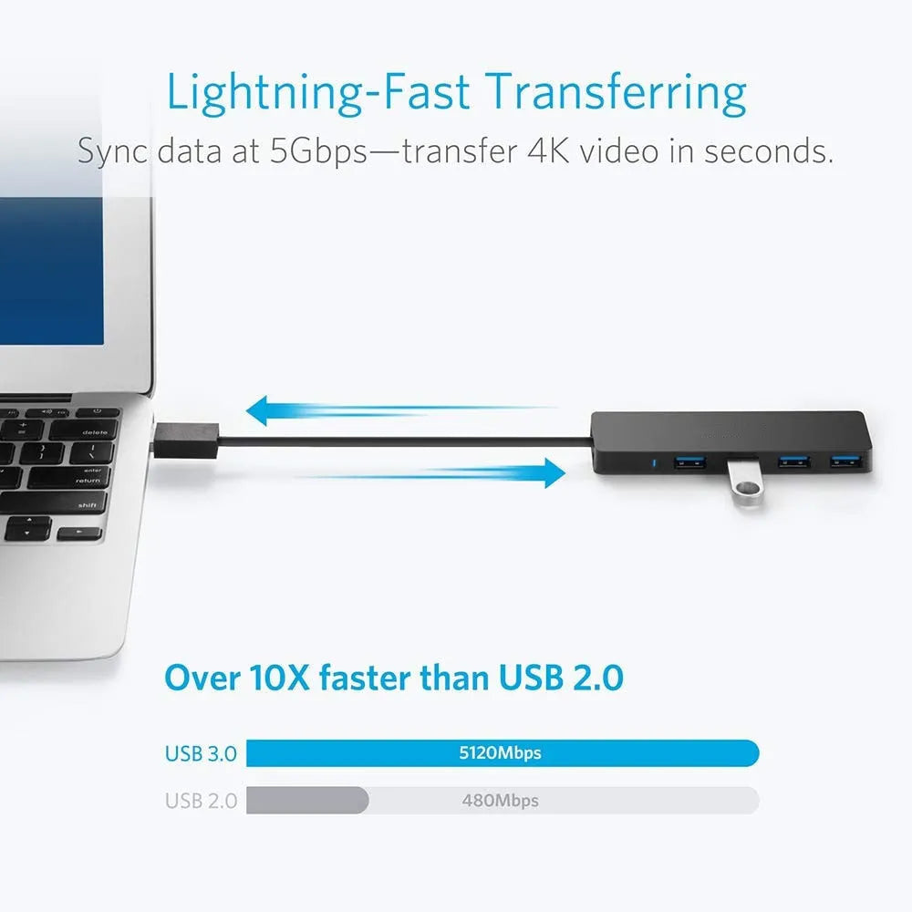 Black USB 3.0 hub with four ports, indicator lights, and a 30cm connecting cable on a desk.