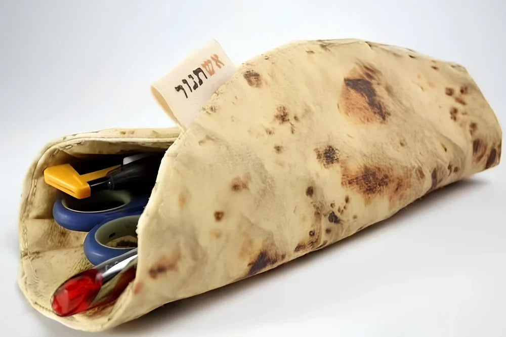 Burrito roll simulation pencil case in fabric, 22 cm size, unrolled showing pencil storage space