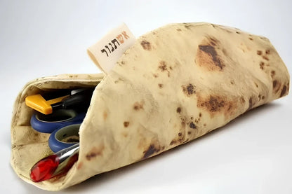Burrito roll simulation pencil case in fabric, 22 cm size, unrolled showing pencil storage space