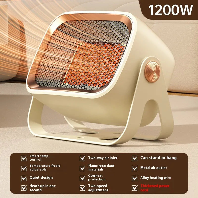 White PTC ceramic desktop heater with rotating base and push-button controls