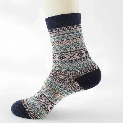 Pack of 5 thick stripe wool blend socks in various colours, featuring 15% rabbit hair for winter warmth, fitting sizes 39-42