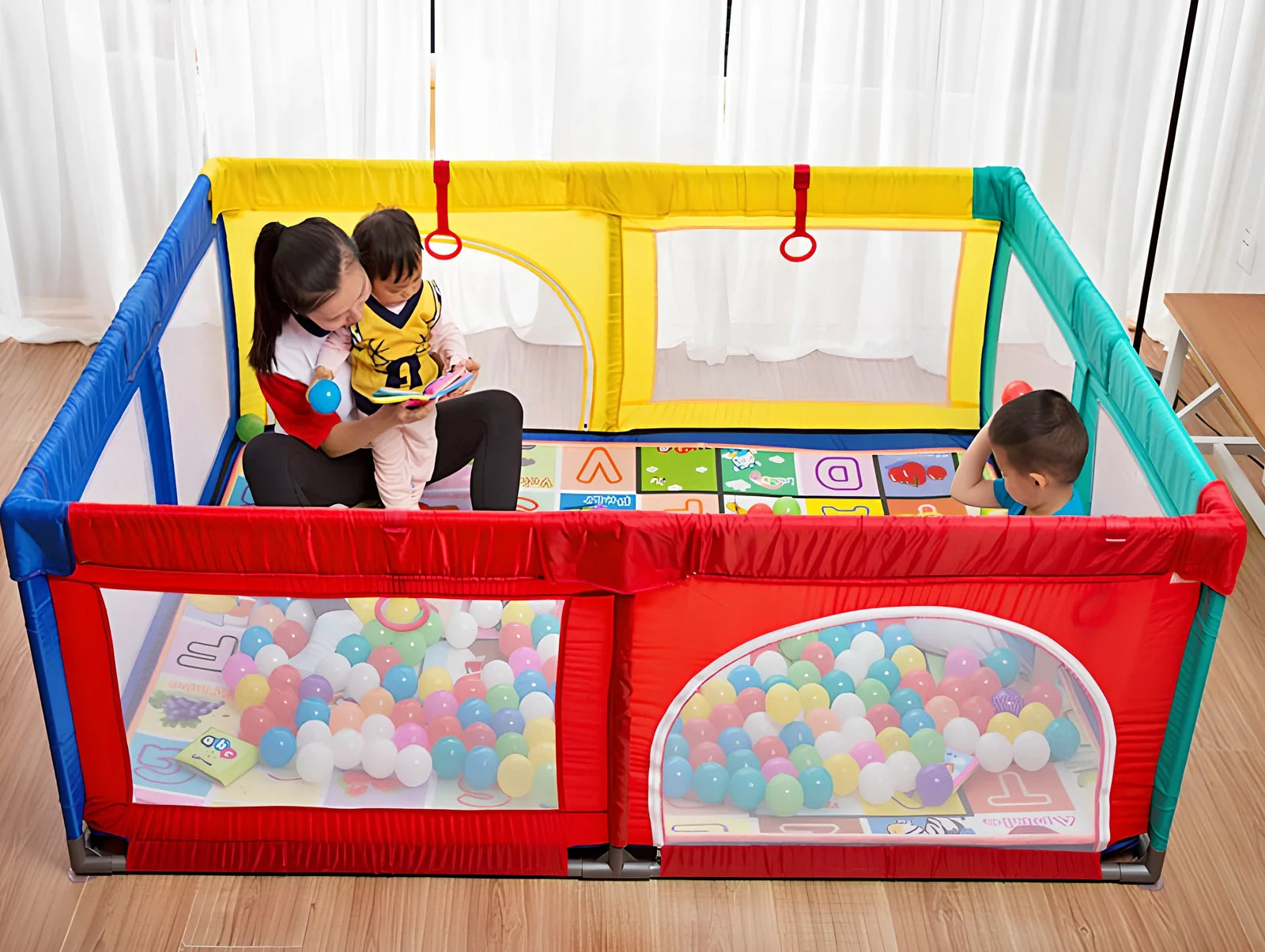145x145cm baby crawling mat with colourful 5.5cm PE balls and toddler fence enclosure