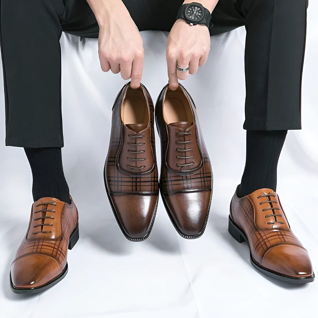 Square toe men's breathable woven PU leather business shoes in dark brown on a neutral background
