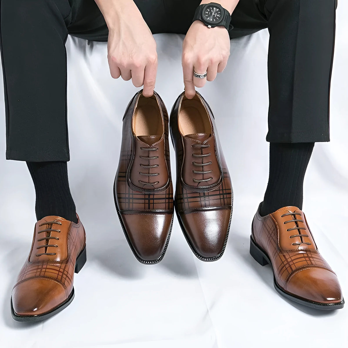 Square toe men's breathable woven PU leather business shoes in dark brown on a neutral background