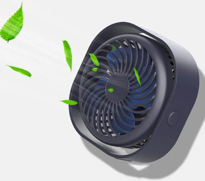 USB rechargeable desk fan with alarm clock display in blue, showing 360-degree rotation