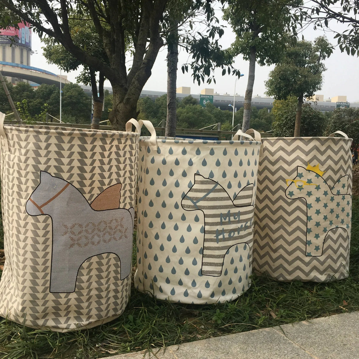 Cotton linen storage bucket with five-pointed star and horse pattern, available in colour options 1, 2, and 3, weighing 315g