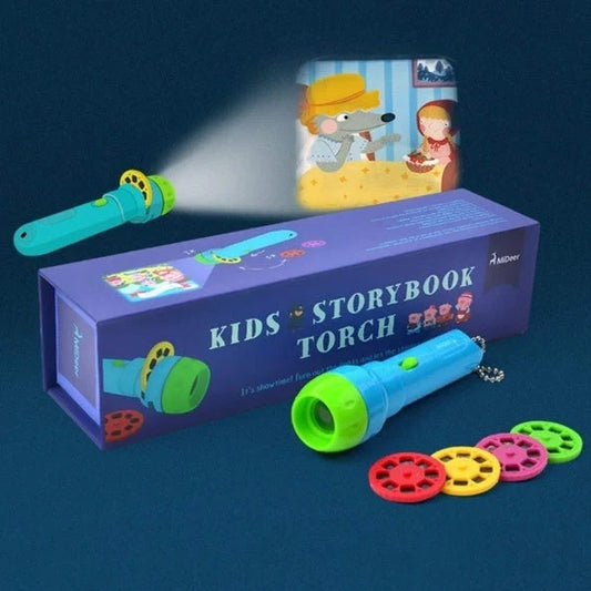 Interactive LED projection flashlight toy with fairy tale story cards for children