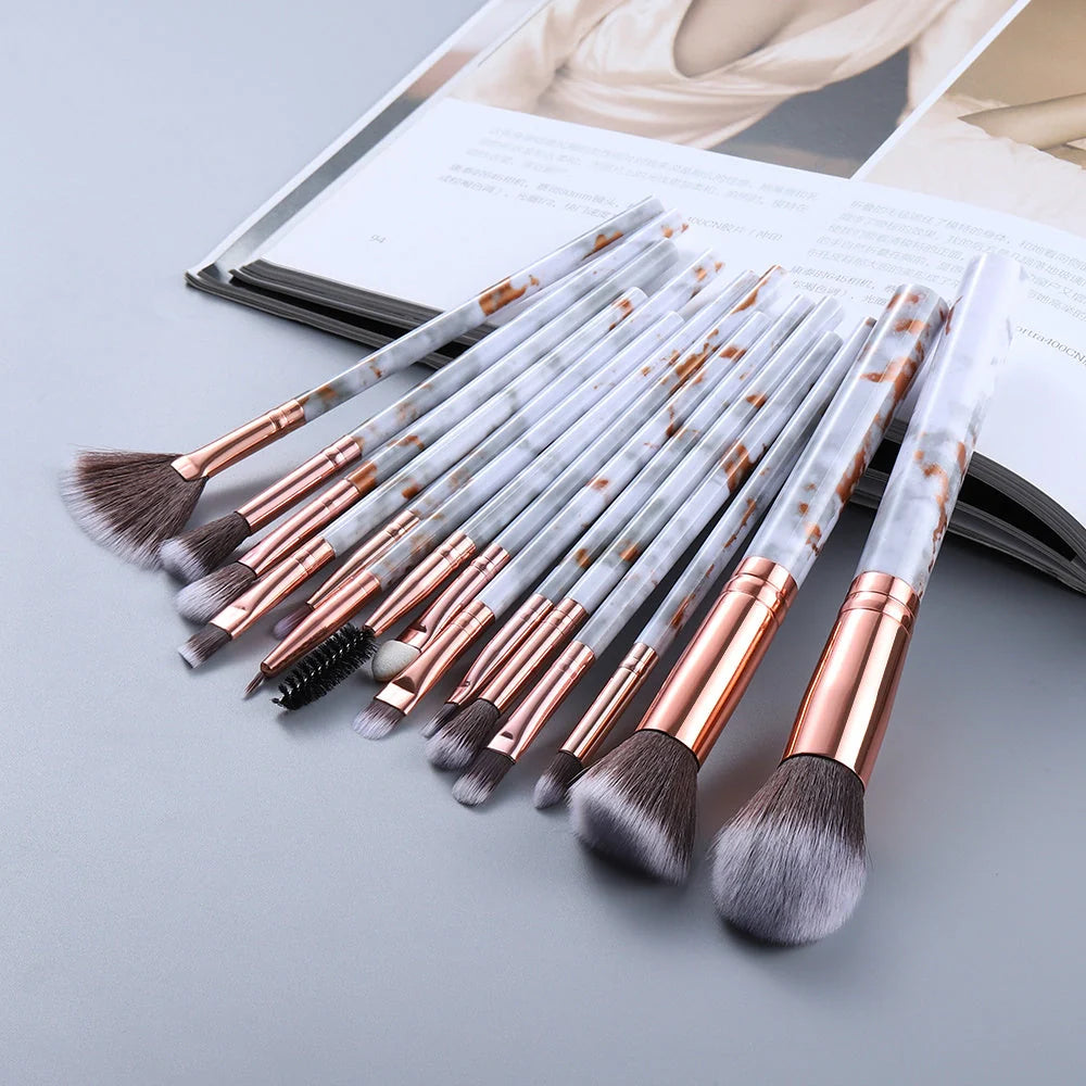 15-piece marbled design makeup brushes set with nylon bristles and wooden handles