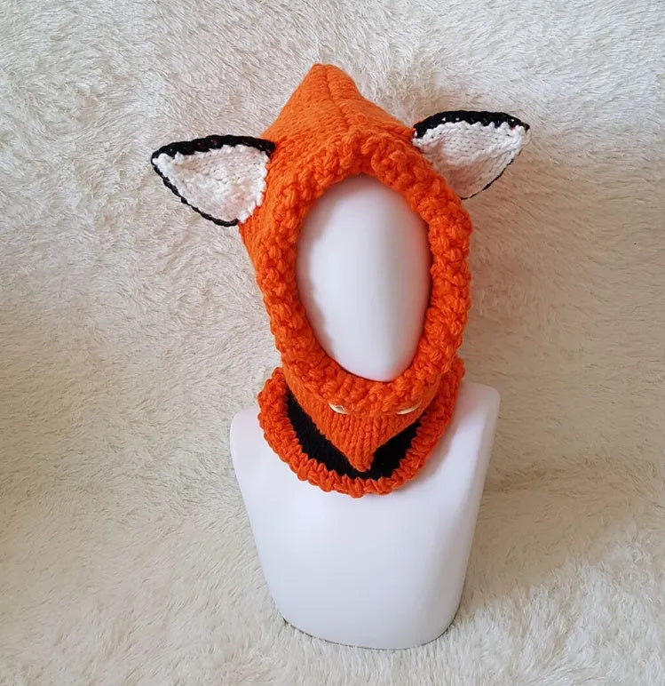 Hand-knitted acrylic children's hat with earmuff cape in gray and orange, 45-55cm size