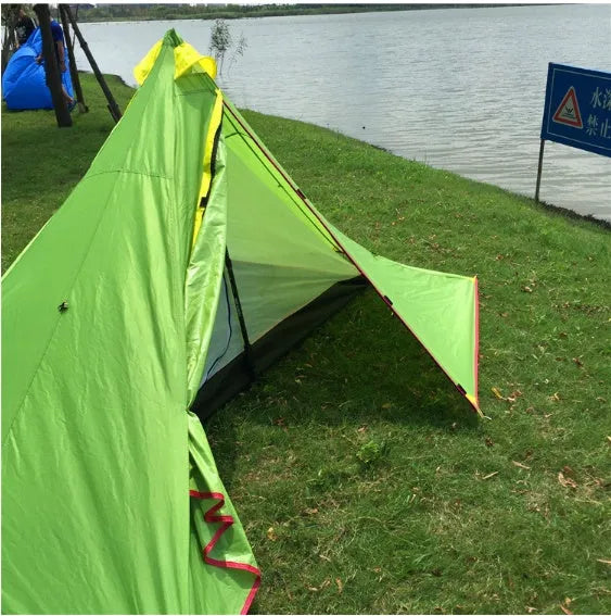 Poleless gold-shaped camping tent 270x160x130cm with 210T tear-resistant outer and net yarn inner