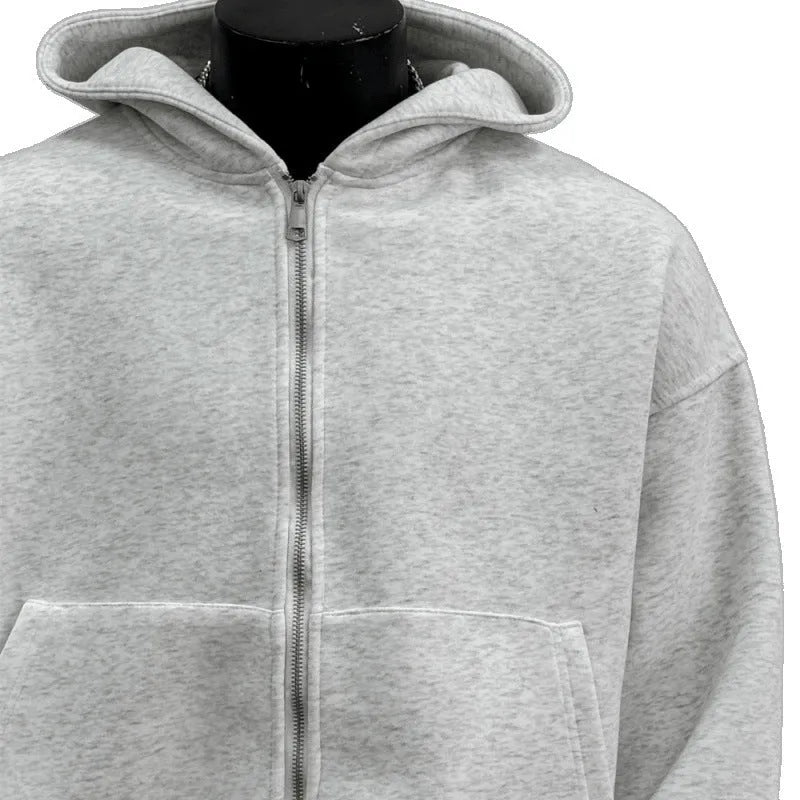 Men's grey hooded jacket with schoolbag-style back design showing front and back views