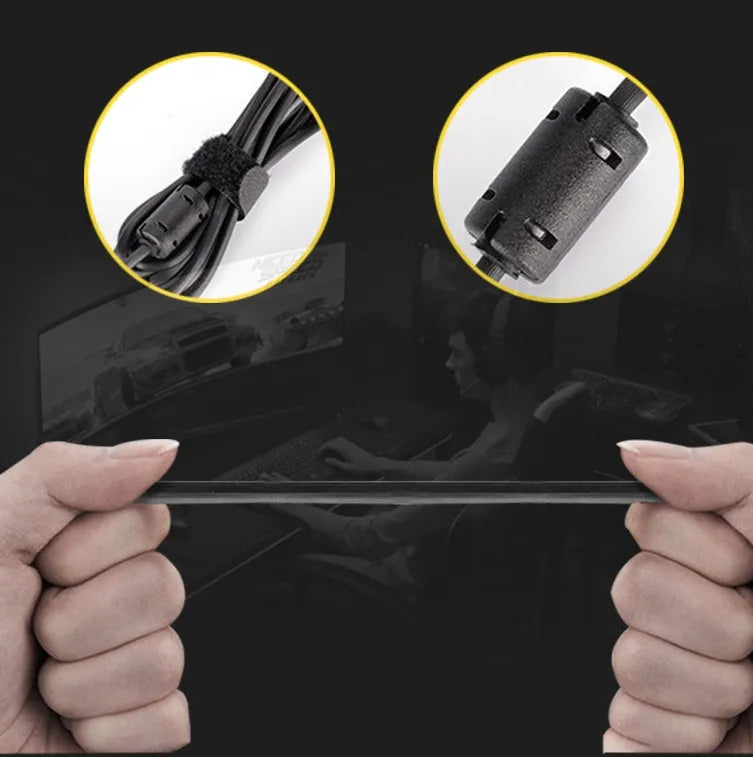 Black wired gaming mouse with nine buttons and four-way scroll wheel on a desk