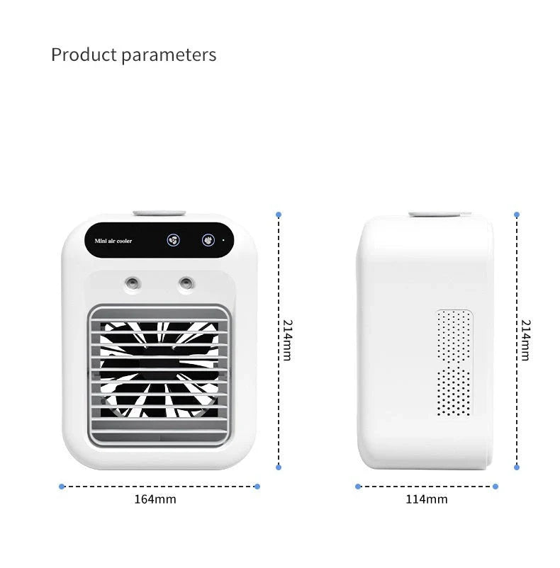 Portable USB-powered evaporative air cooler fan with water cooling features for personal climate control in office, dorm, and on-the-go use