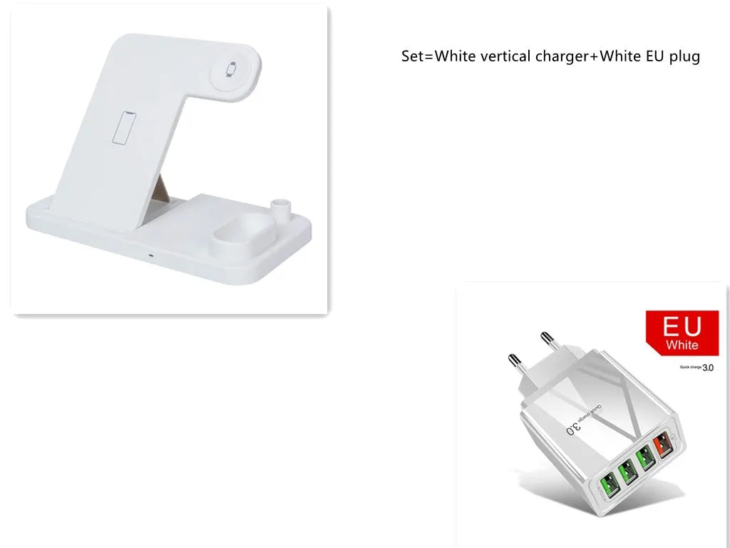 Black 4-in-1 wireless charging station showing phone on adjustable stand, with Apple Watch and AirPods charging on the base.