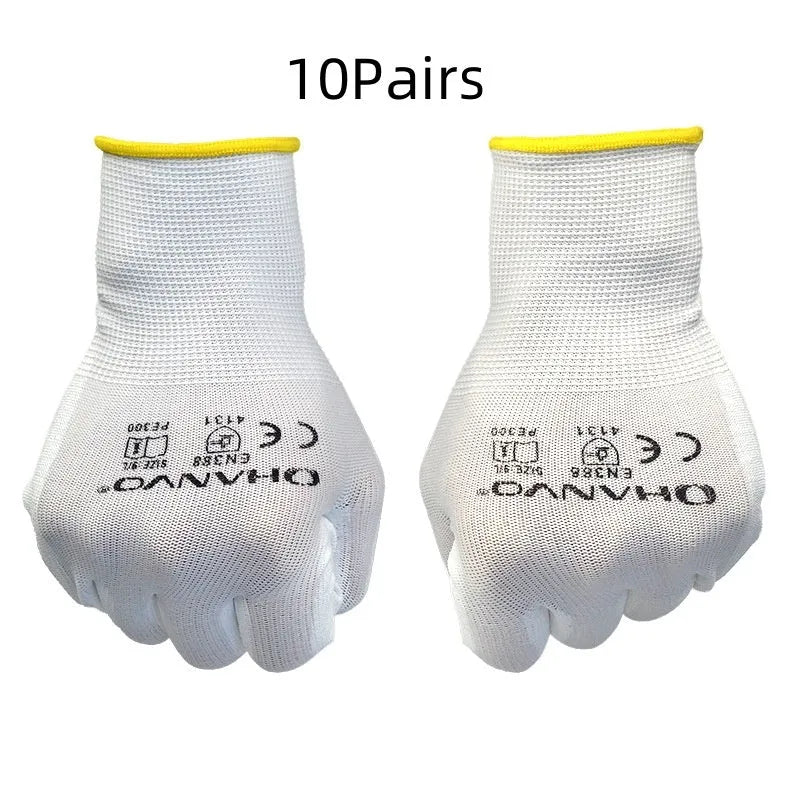 White PU coated labour gloves showing 24cm length and available in large and medium sizing options