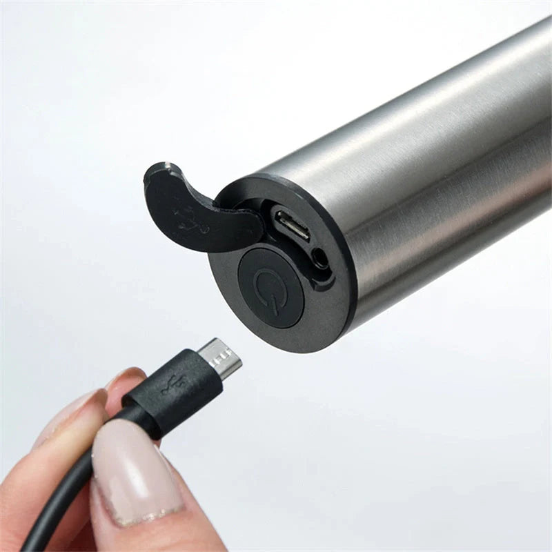 Handheld electric milk frother and blender in silver, with detachable whisk head