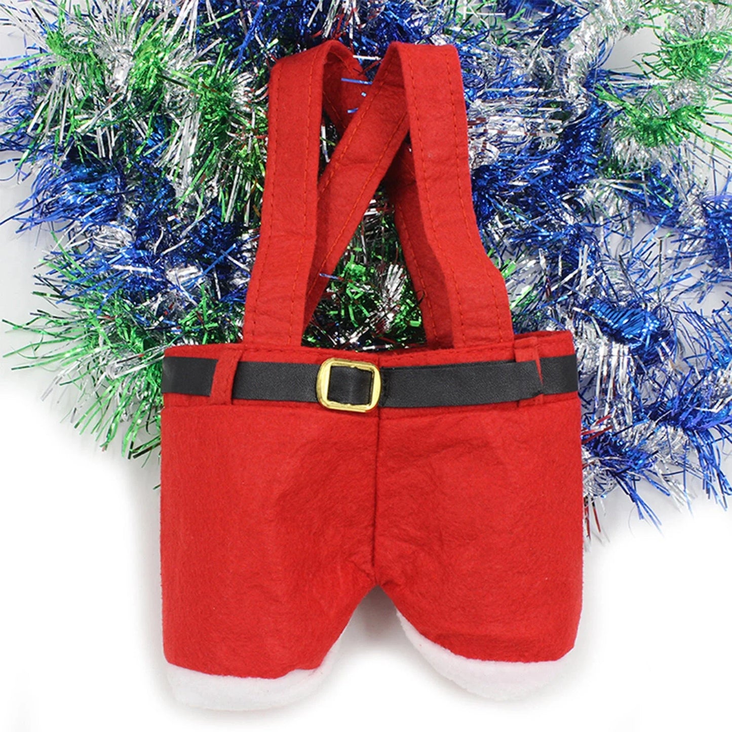 Festive wool Santa pants-style Christmas gift bag in red, perfect for holding holiday treats and small gifts