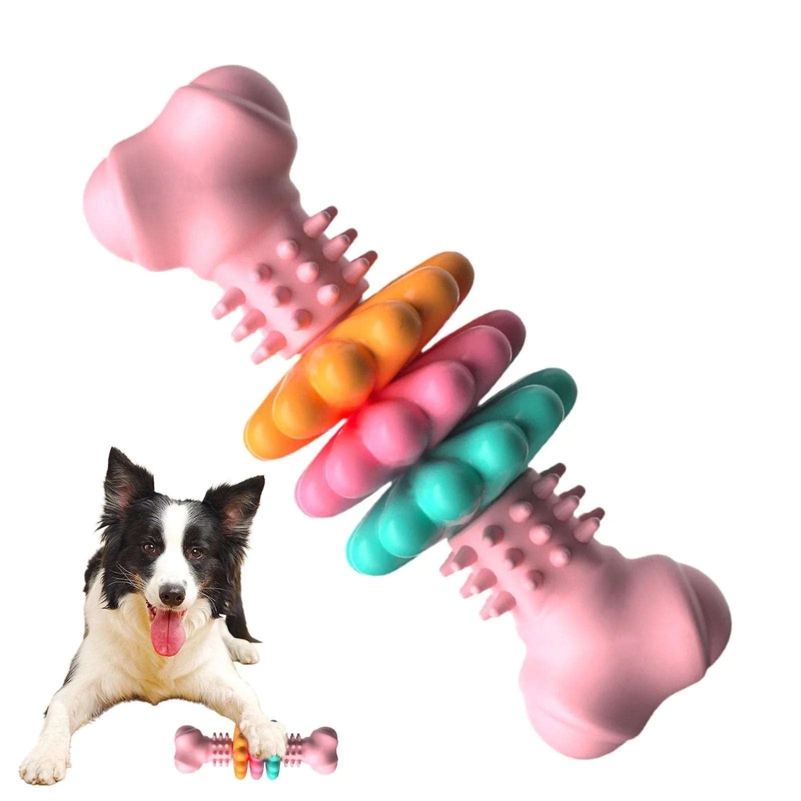 TPR dog chew toy bone in blue, pink, and green for teeth cleaning and stress relief