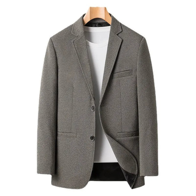 Spring men's tailored collar suit in blue, polyester non-ironing fabric, long sleeves, light business style