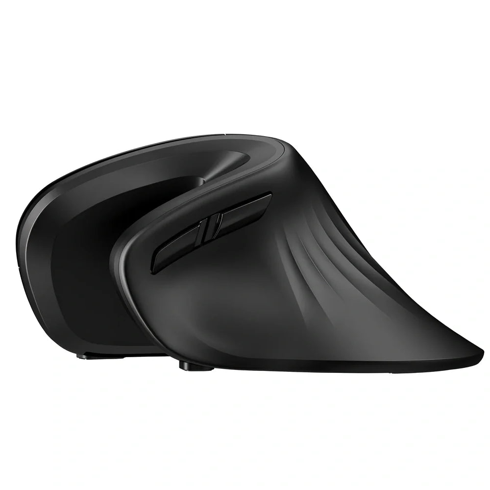 Black wireless vertical mouse with 6 buttons, ergonomic grip, and adjustable DPI display on desk surface