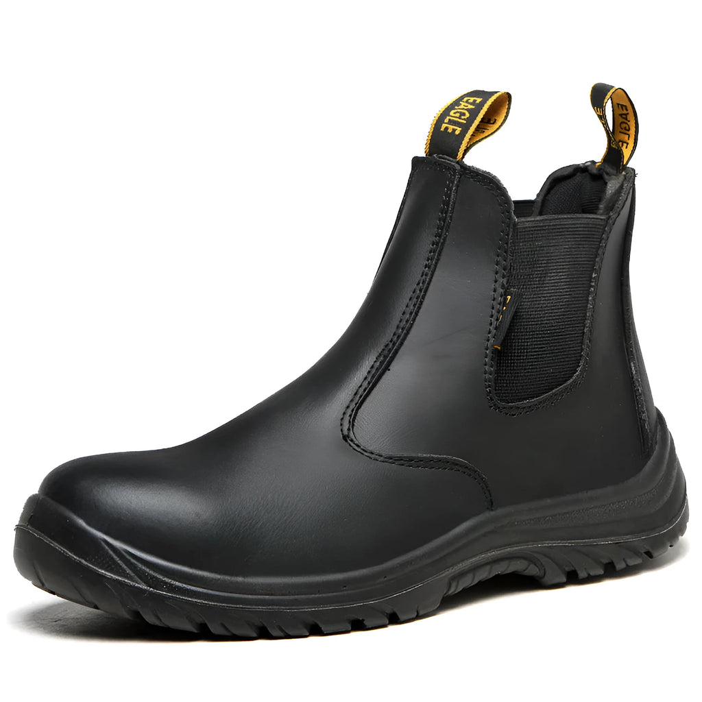 Black high-top leather safety work boots with anti-piercing sole on a grey background.