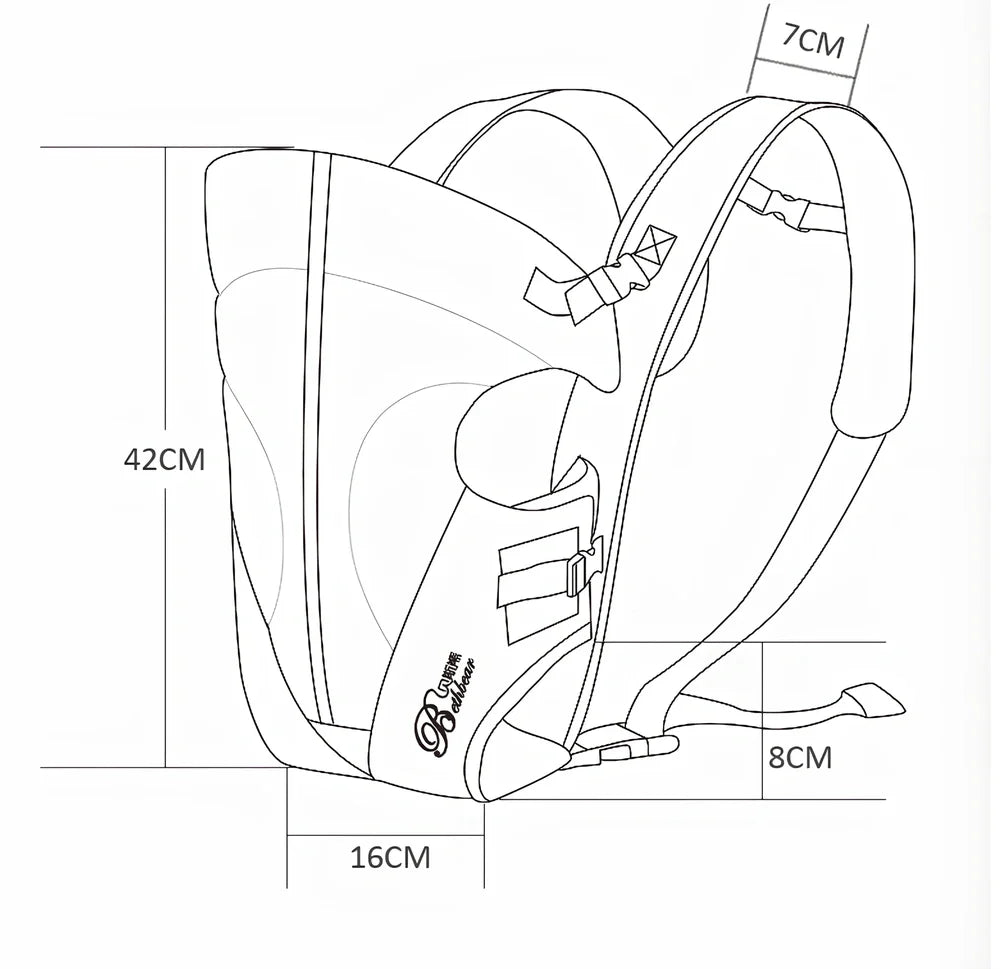 Beige baby strap carrier with adjustable straps supporting 15kg in multiple positions including chest and back for infants 3-18 months