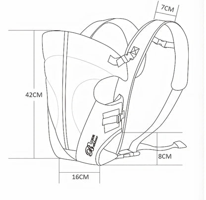 Beige baby strap carrier with adjustable straps supporting 15kg in multiple positions including chest and back for infants 3-18 months