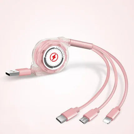 Black telescopic charging cable extended to full length showing three different connector types