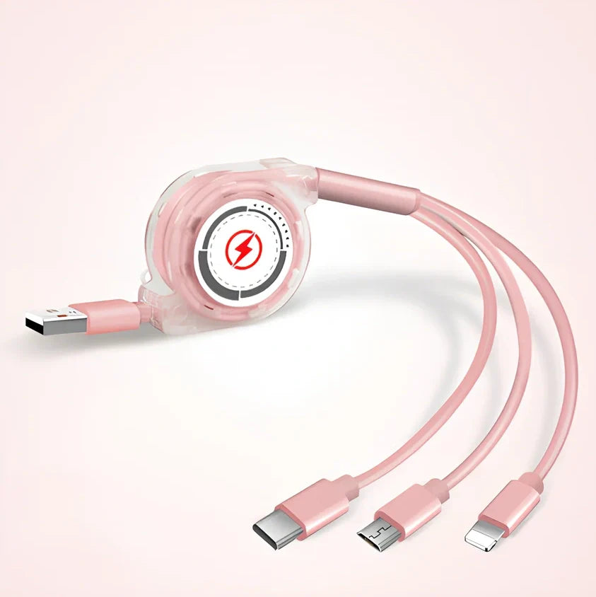 Black 3-in-1 telescopic charging cable extended to 120cm with three titanium alloy connectors for multi-device use