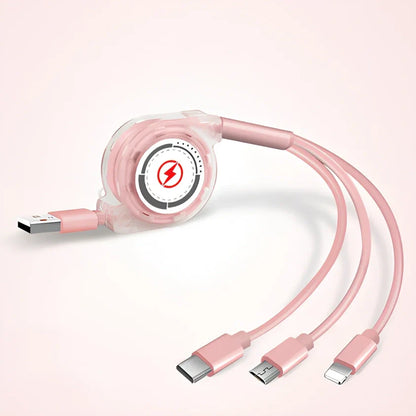 Black 3-in-1 telescopic charging cable extended to 120cm with three titanium alloy connectors for multi-device use