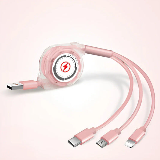 Black 3-in-1 telescopic charging cable extended to 120cm with three titanium alloy connectors for multi-device use