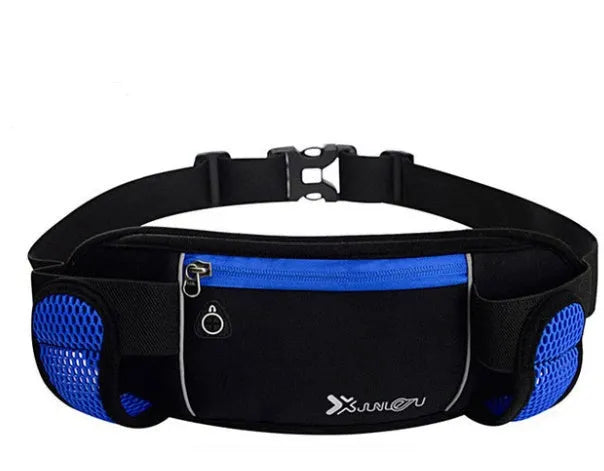 Sports running belt bag in black diving material with brand buckle, holding a mobile phone and water bottle