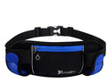 Sports running belt bag in black diving material with brand buckle, holding a mobile phone and water bottle