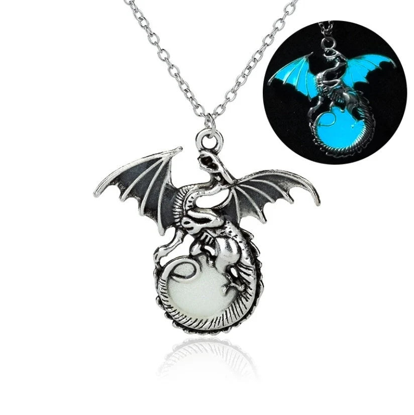 Glowing Vintage Flying Dragon Necklace with luminous pendant in ancient bronze and silver plating options