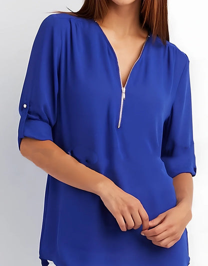 Women's pink zip V-neck short sleeve loose shirt, bust 96cm size S, Dacron fabric in multiple colours