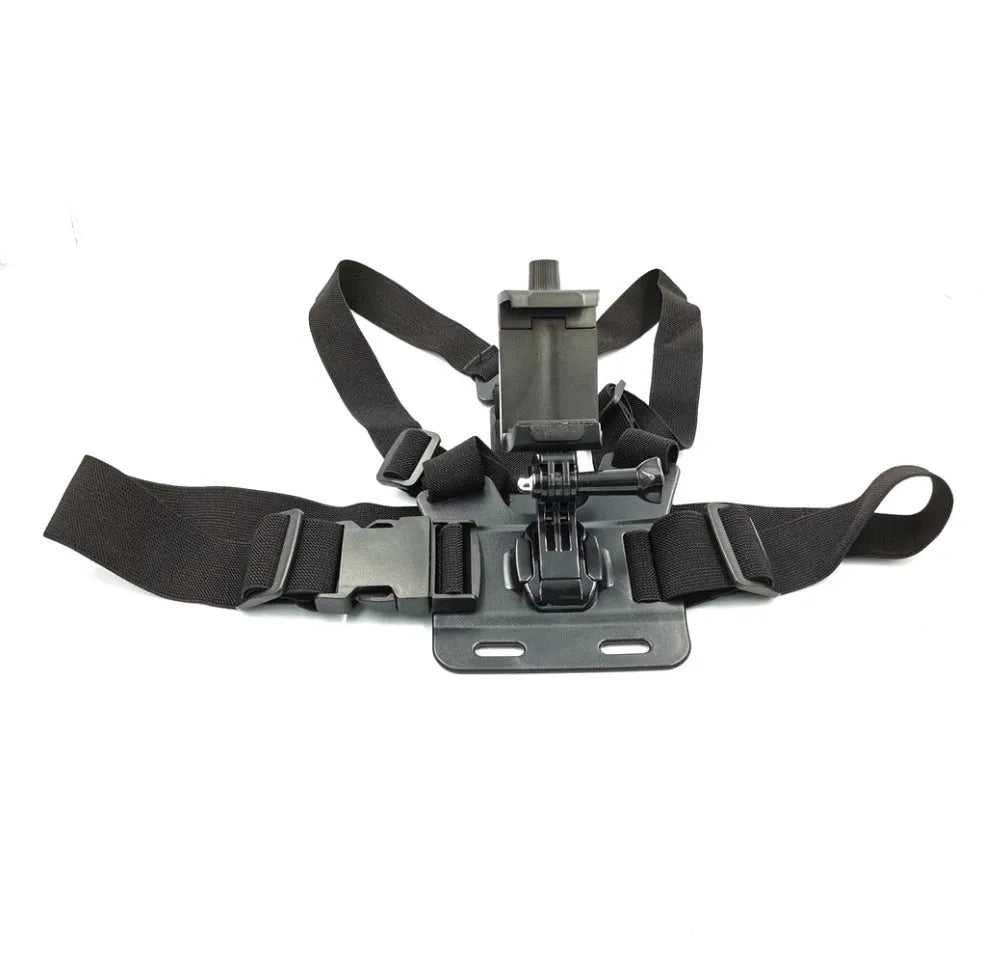 Chest strap holder with plastic clip and adjustable nylon straps for mobile phone or sports camera mounting