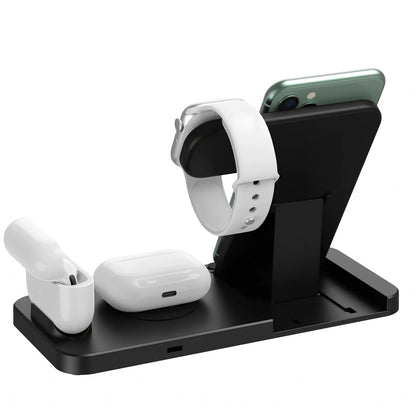 Black three-device wireless charger with phone and watch charging on non-slip base
