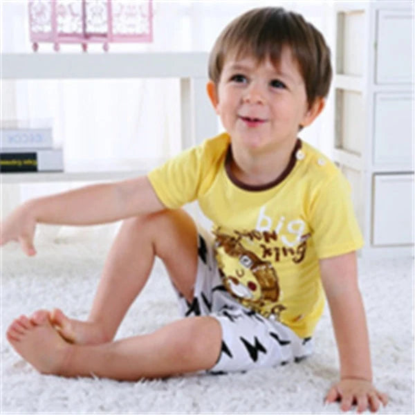 Cotton cartoon T-shirt and pants set for infants, available in various playful designs and sizes from 73cm to 110cm