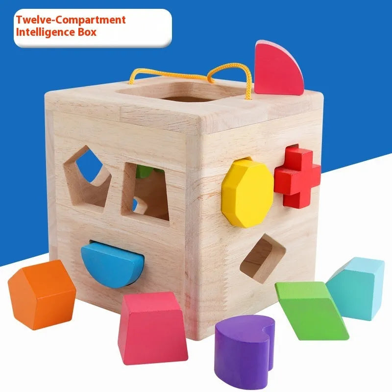 Wooden geometric shape matching building blocks with intelligence boxes for infants