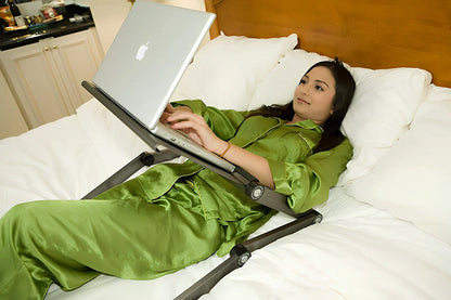 Adjustable aluminium laptop stand with cooling fan in black colour, showing height adjustment mechanism