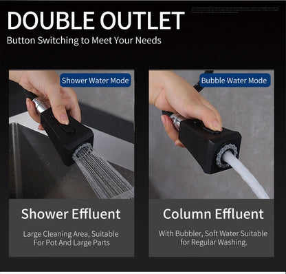 Stretchable sink faucet with double outlet mode in black and oatmeal options