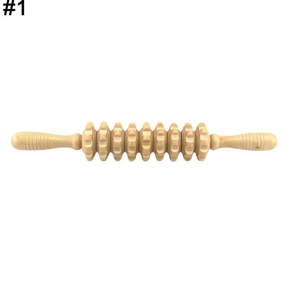 Wooden roller massage stick showing 39 cm length with 18 cm roller section and steel shaft construction