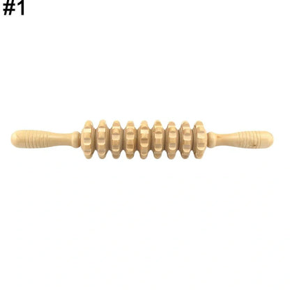 Wooden roller massage stick showing 39 cm length with 18 cm roller section and steel shaft construction