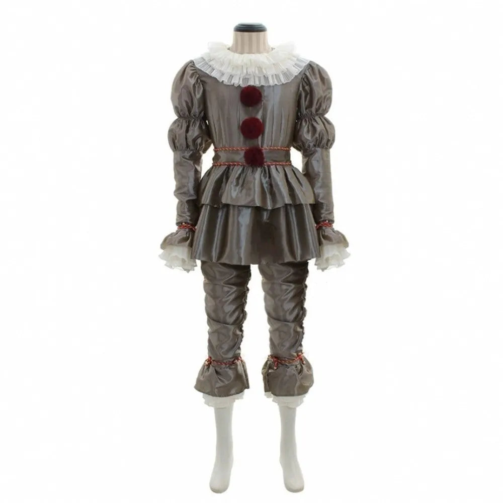 Women's gold satin and chiffon Halloween clown costume set with accessories on model
