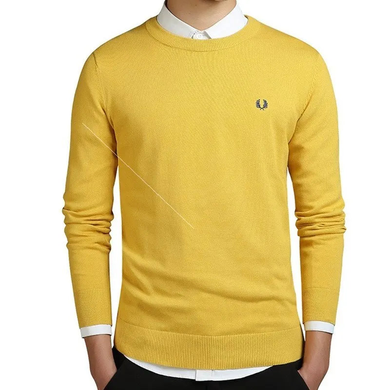 Men's cotton knitted round neck long sleeve sweater pullover in grey colour on plain background