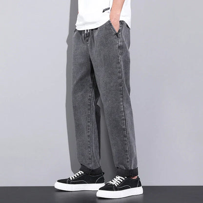 Men's summer loose wide leg jeans in light blue, gray, and retro blue