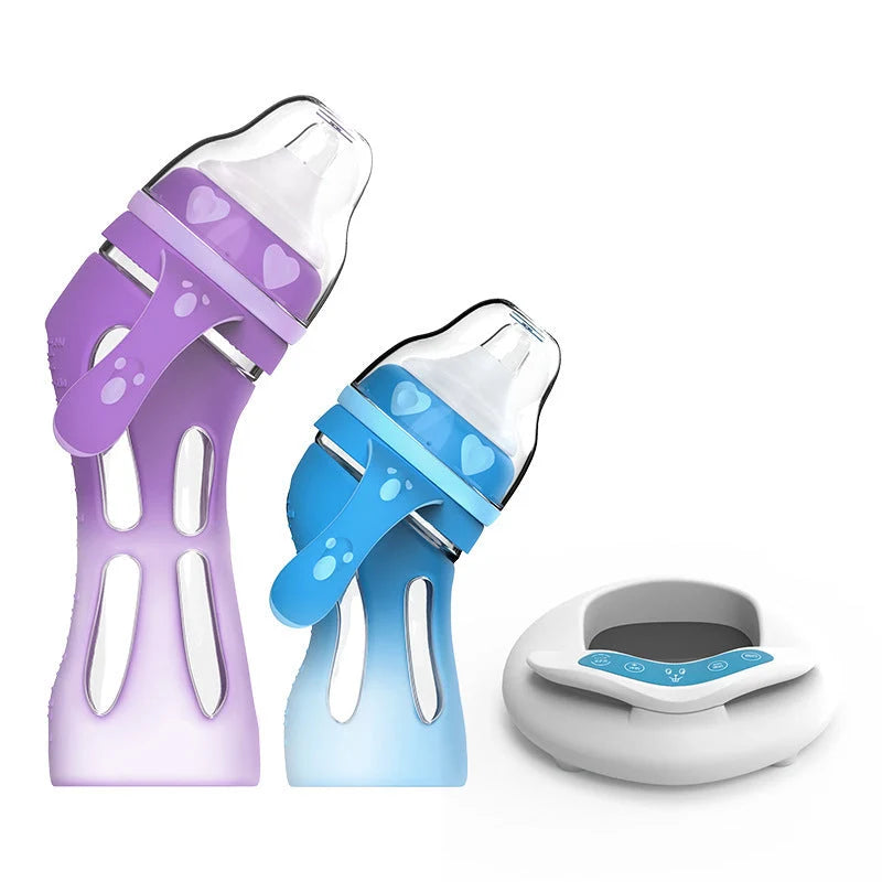 Glass baby bottle with temperature-sensitive silicone sleeve and USB milk warmer in sky blue