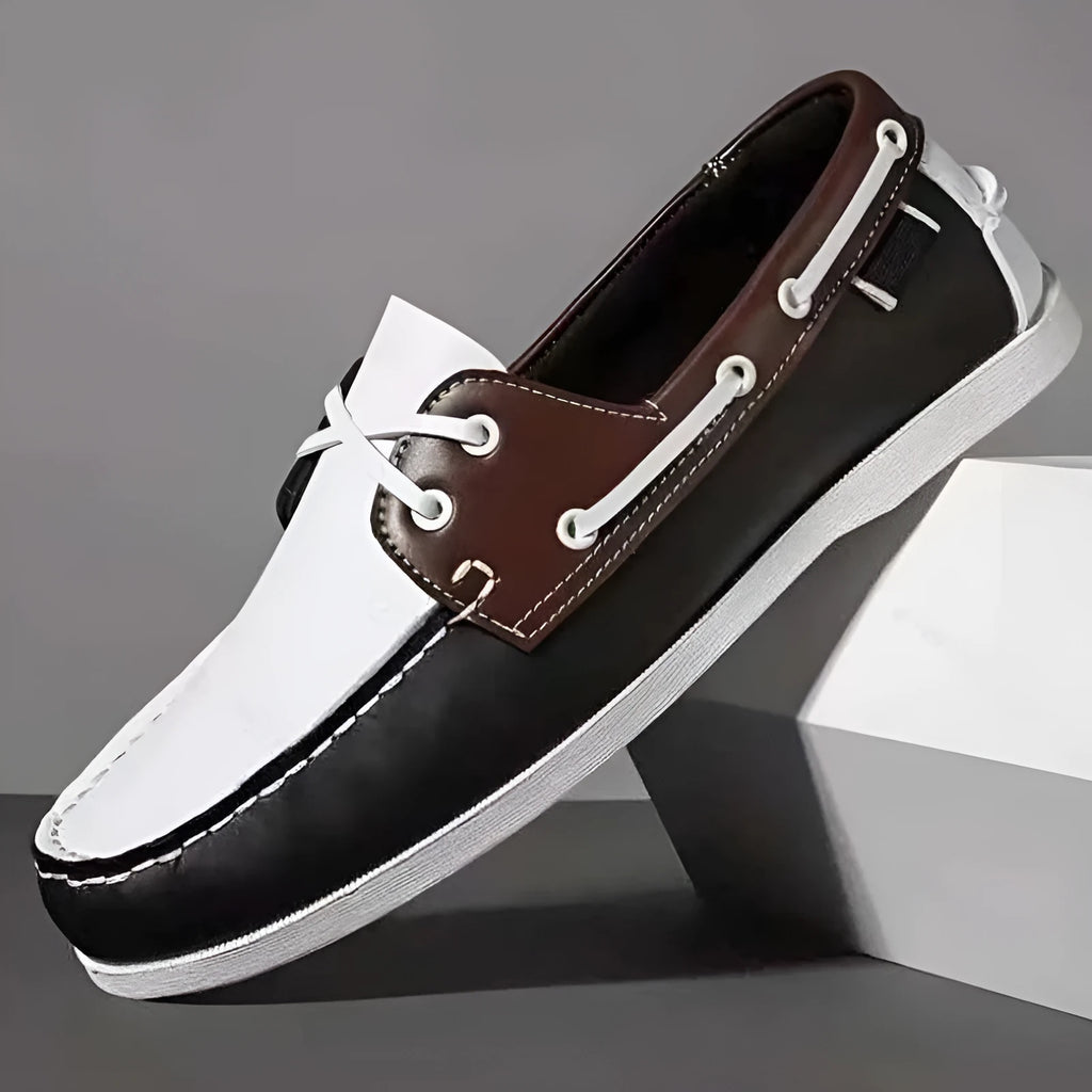 Men's flat-heel casual shoes with round toe in artificial PU, shown in solid colour options.